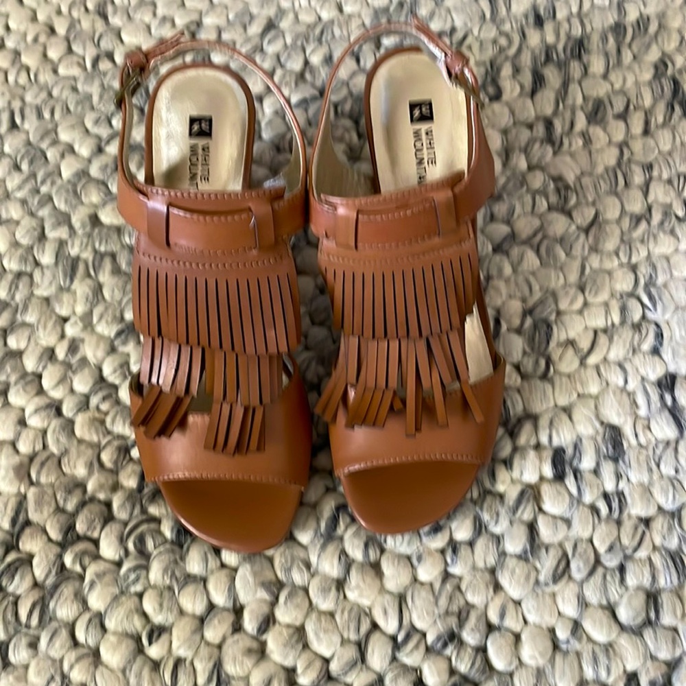New Leather Sandal, Size 8, 3” heel wrapped in leather, brass buckle to adjust.